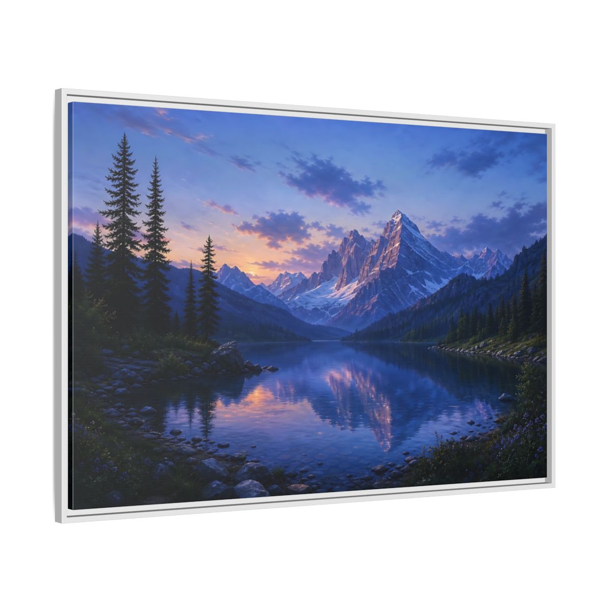 Side Mockup 7. Twilight Mountain Reflection shown as framed canvas print