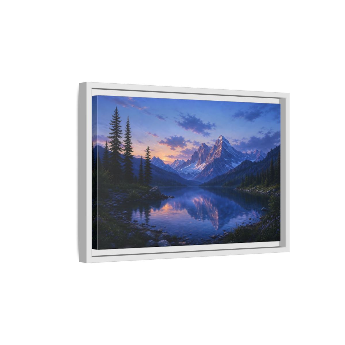 Side Mockup 4. Twilight Mountain Reflection shown as framed canvas print