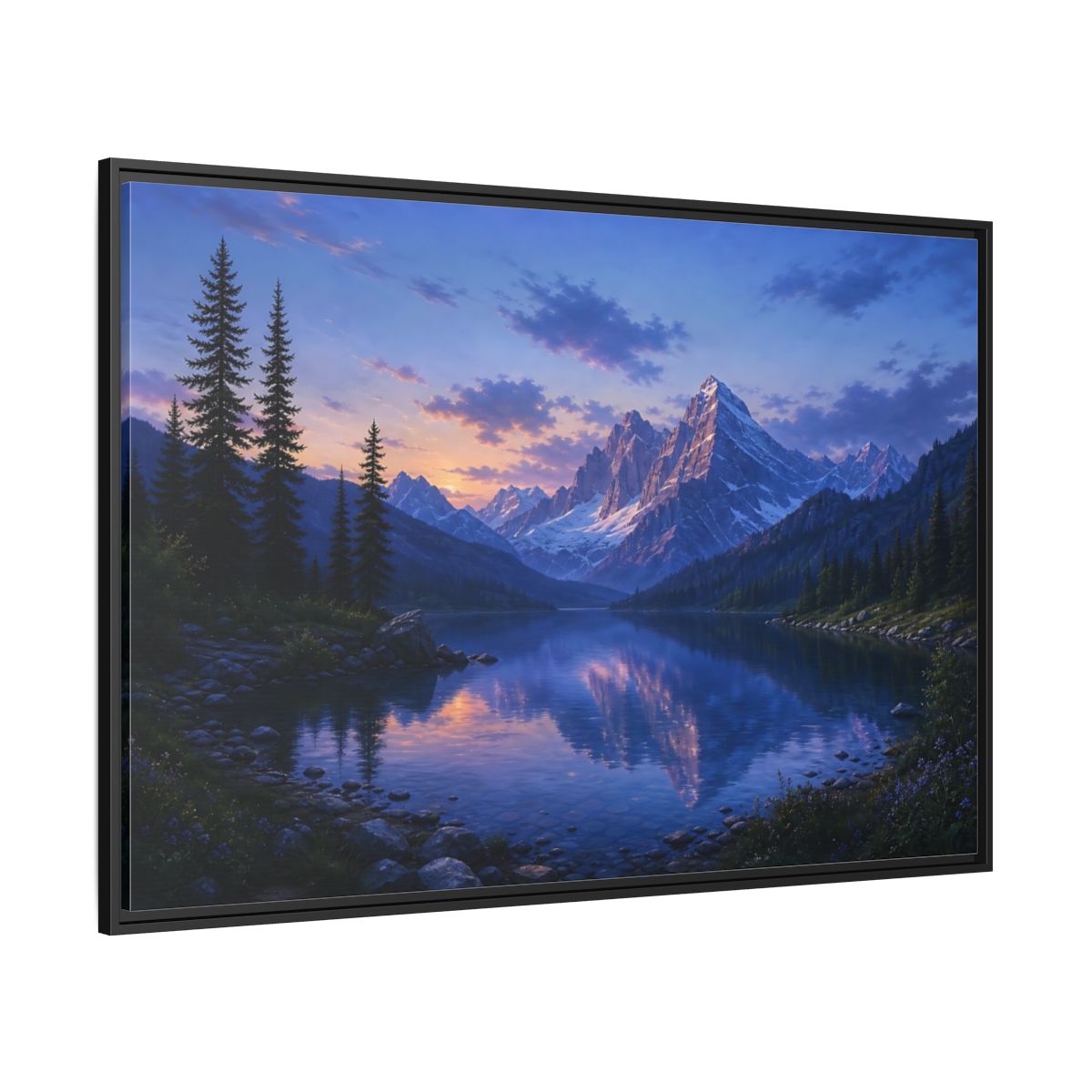 Side Mockup 12. Twilight Mountain Reflection shown as framed canvas print