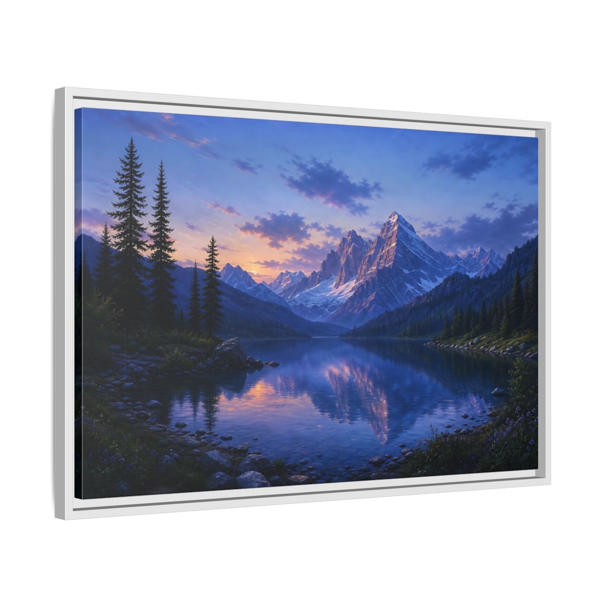 Side Mockup 10. Twilight Mountain Reflection shown as framed canvas print