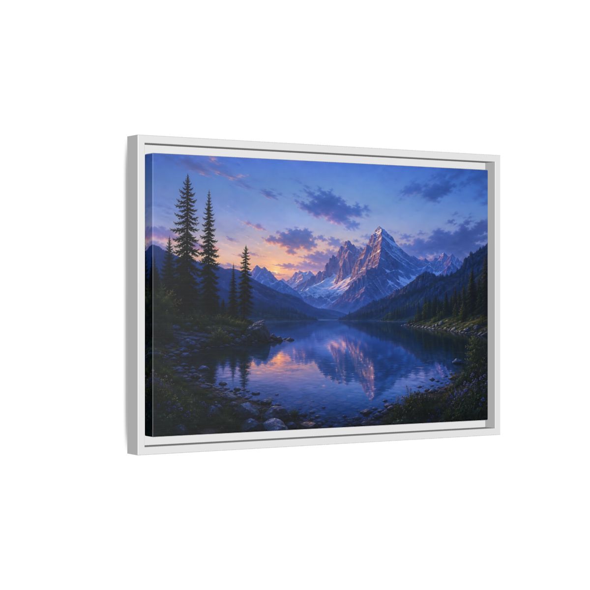 Side Mockup 1. Twilight Mountain Reflection shown as framed canvas print