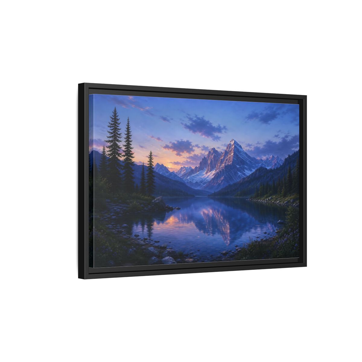 Side Mockup 3. Twilight Mountain Reflection shown as framed canvas print