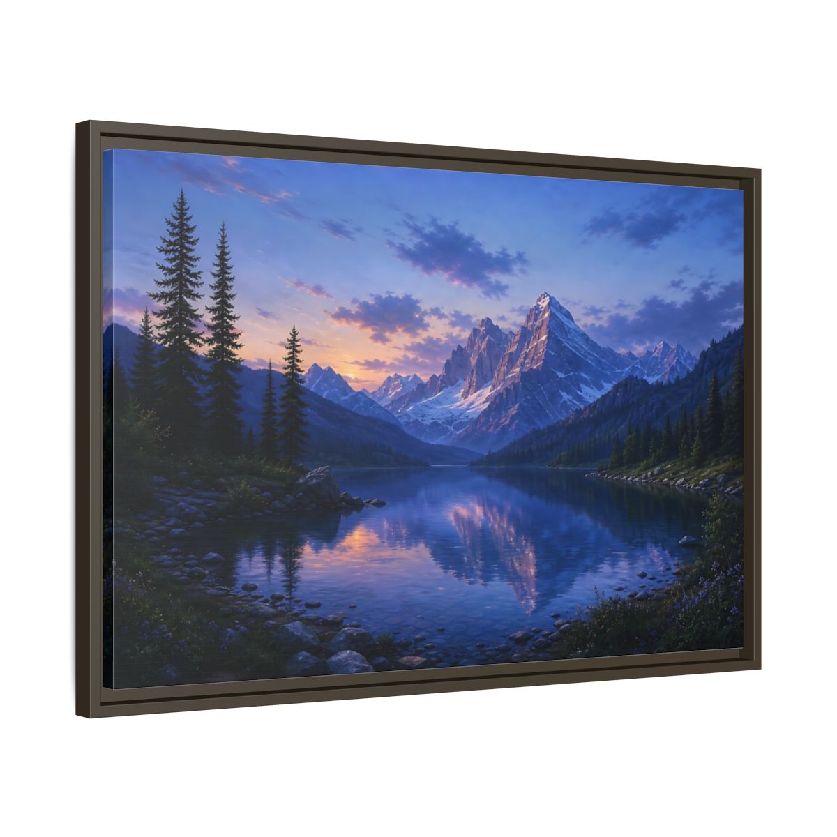 Side Mockup 11. Twilight Mountain Reflection shown as framed canvas print