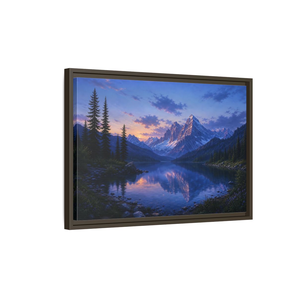 Side Mockup 2. Twilight Mountain Reflection shown as framed canvas print