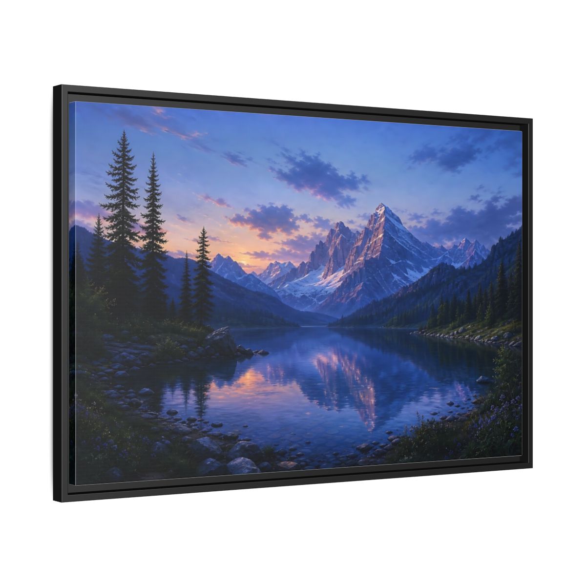 Side Mockup 13. Twilight Mountain Reflection shown as framed canvas print