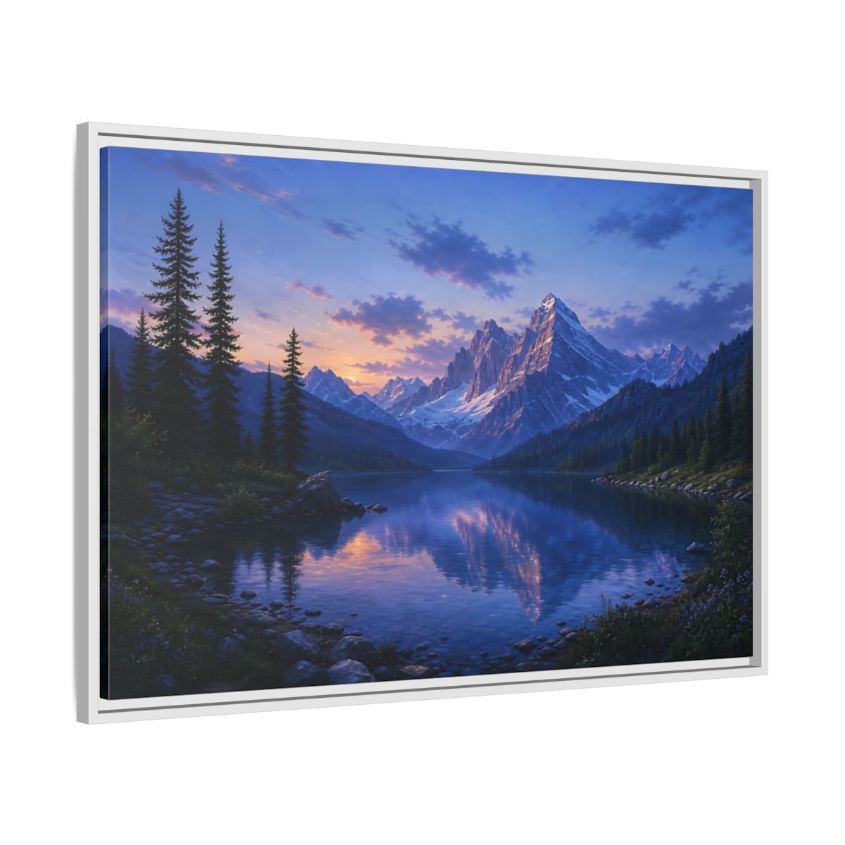 Side Mockup 9. Twilight Mountain Reflection shown as framed canvas print