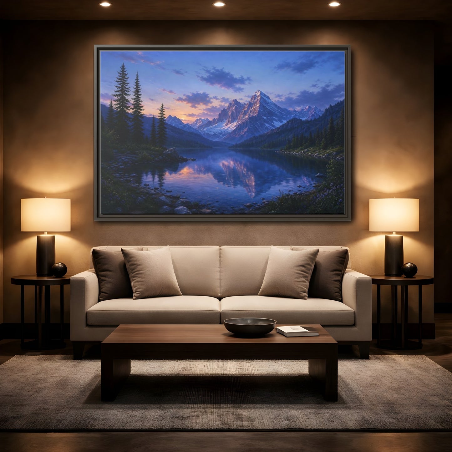 Mockup 2. Twilight Mountain Reflection shown as framed canvas print