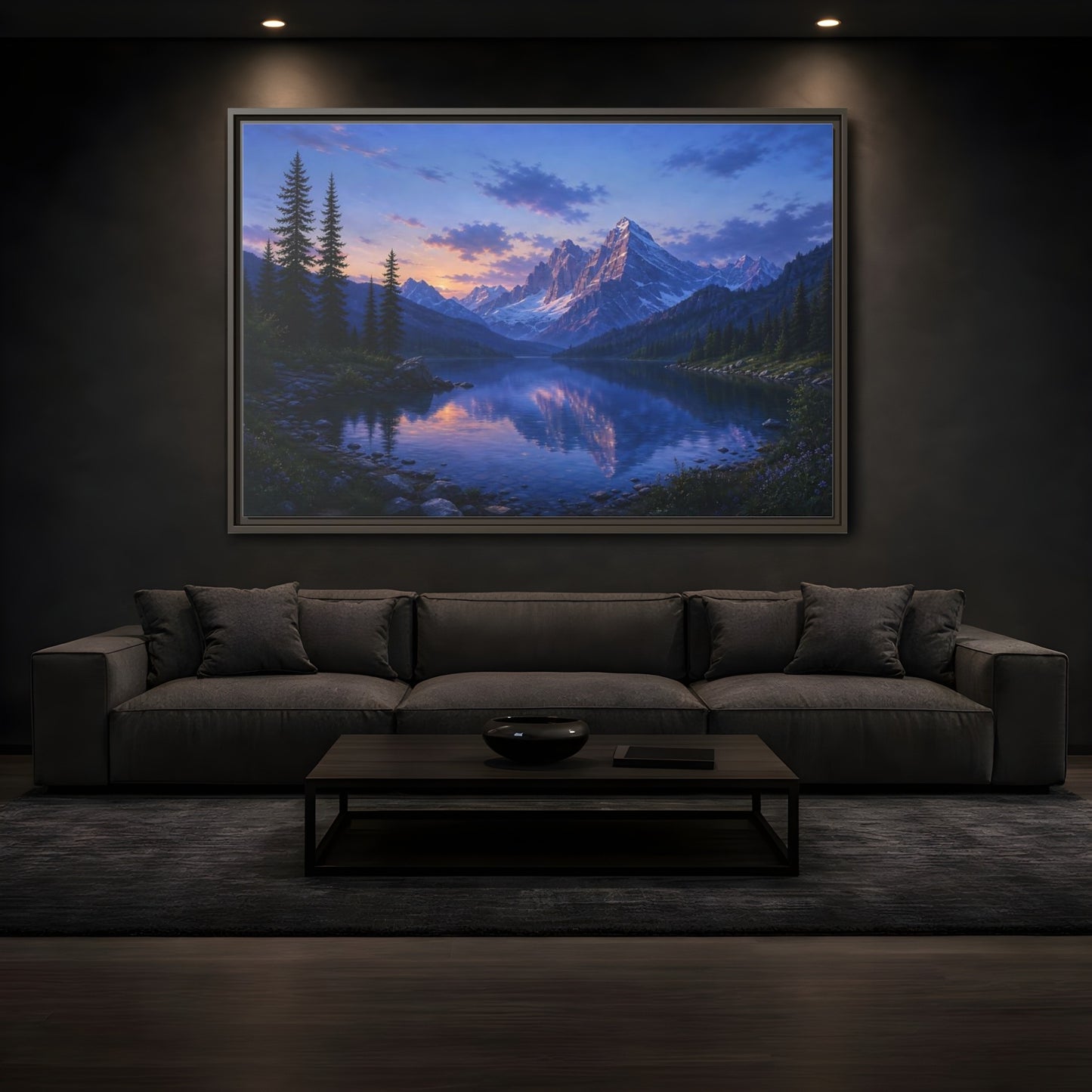 Mockup 3. Twilight Mountain Reflection shown as framed canvas print
