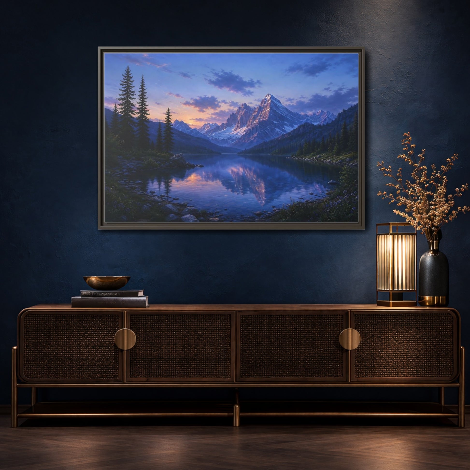 Mockup 4. Twilight Mountain Reflection shown as framed canvas print