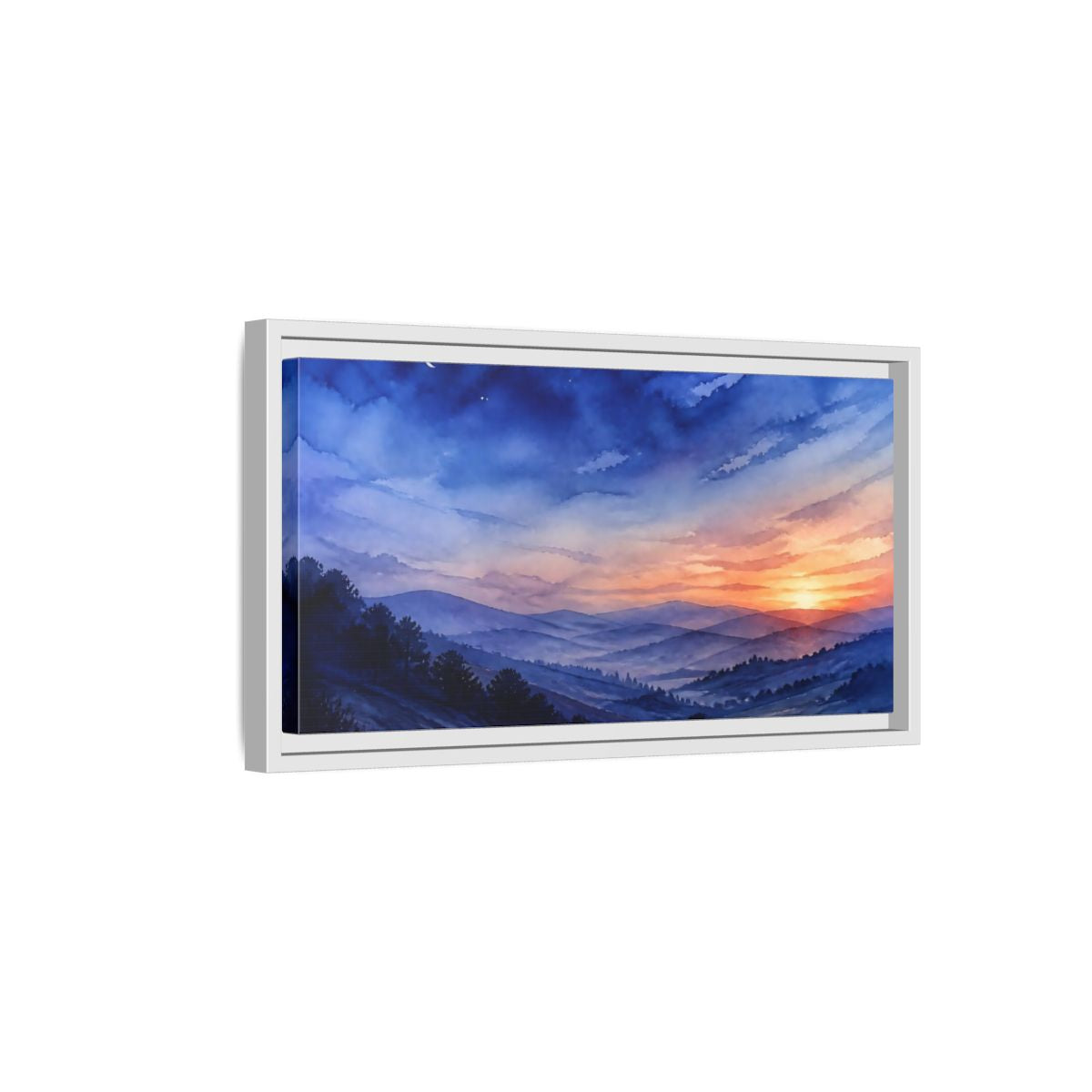 Side Mockup 6. Twilight Over Rolling Hills shown as framed canvas print