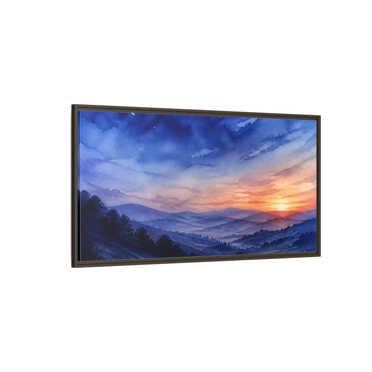 Side Mockup 4. Twilight Over Rolling Hills shown as framed canvas print