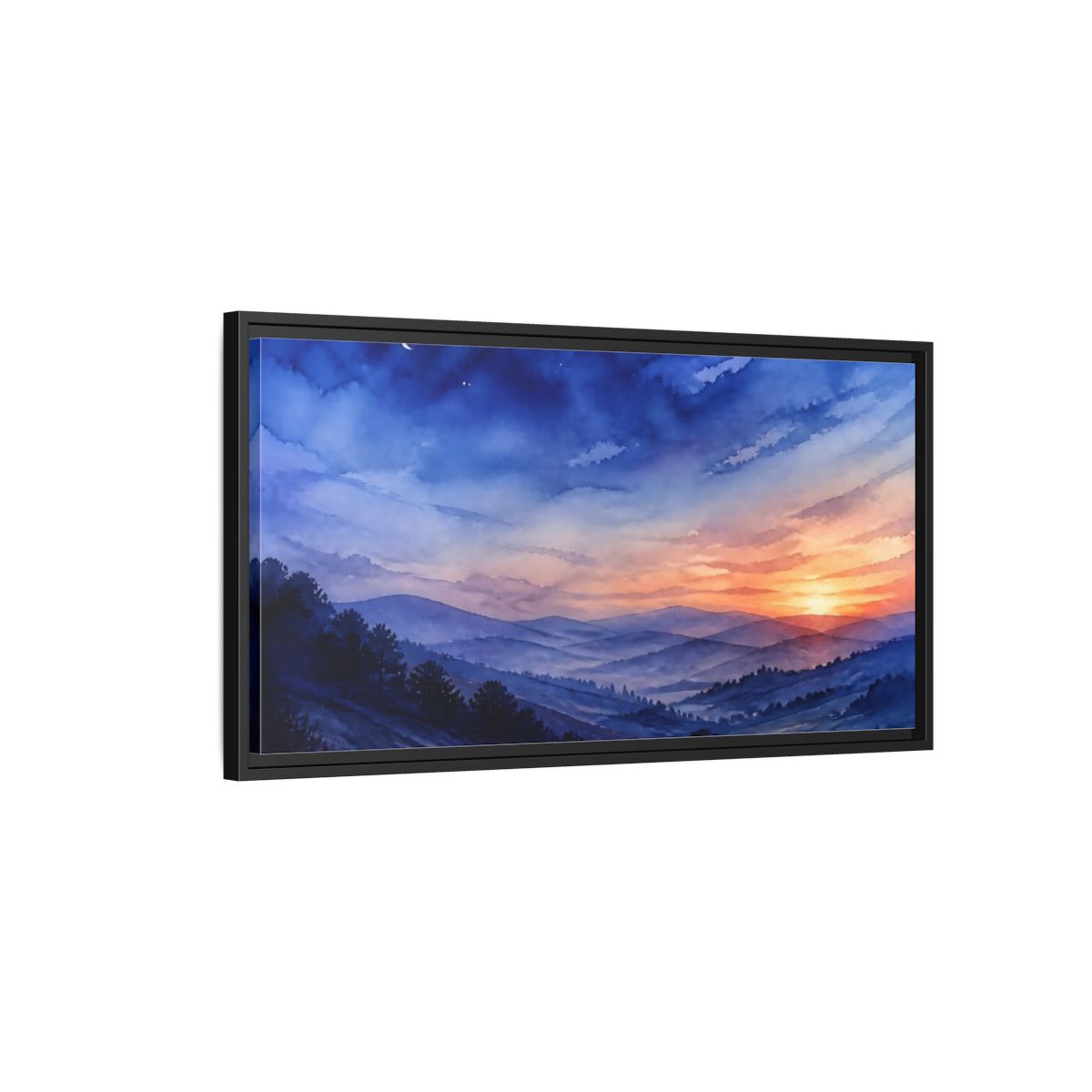 Side Mockup 2. Twilight Over Rolling Hills shown as framed canvas print