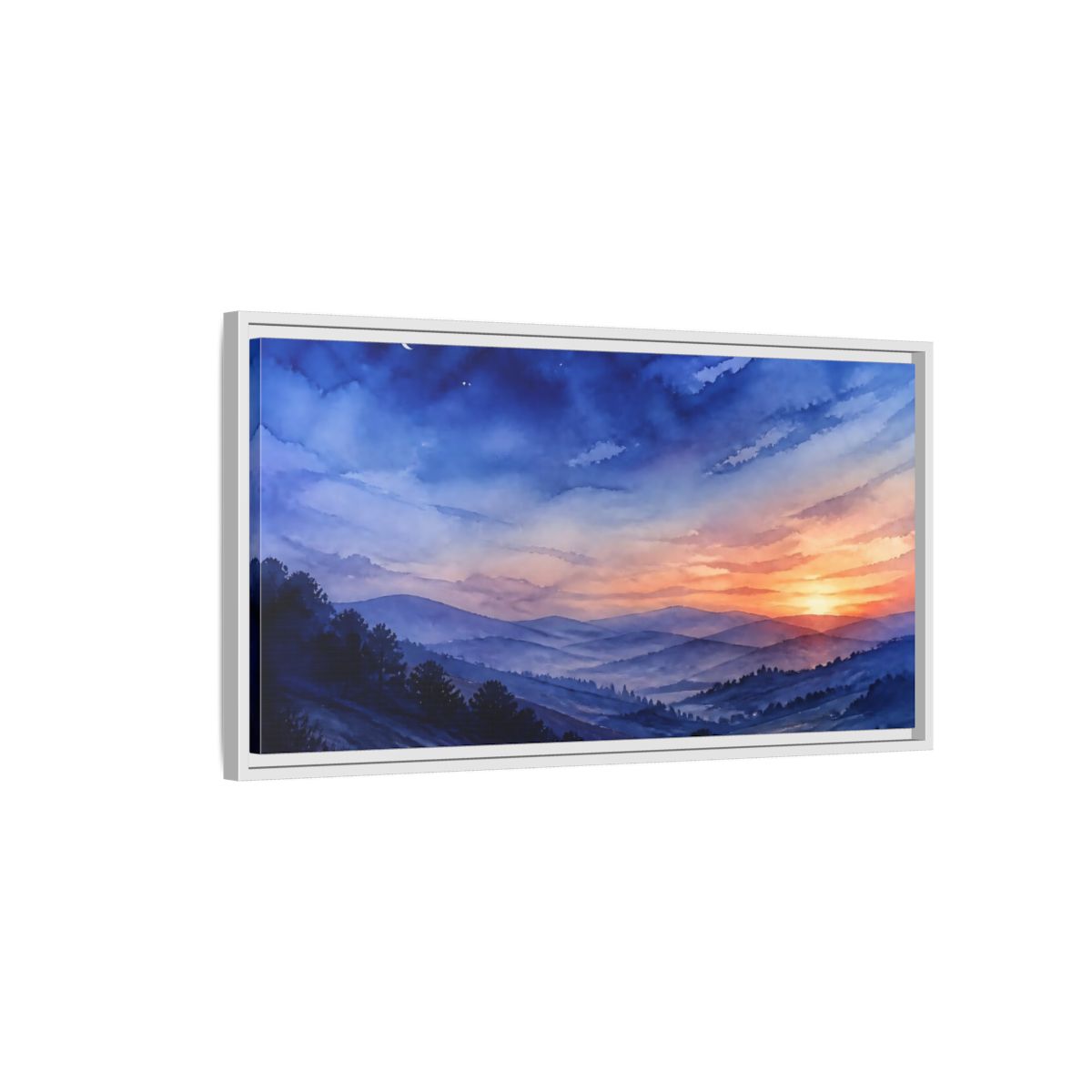Side Mockup 1. Twilight Over Rolling Hills shown as framed canvas print