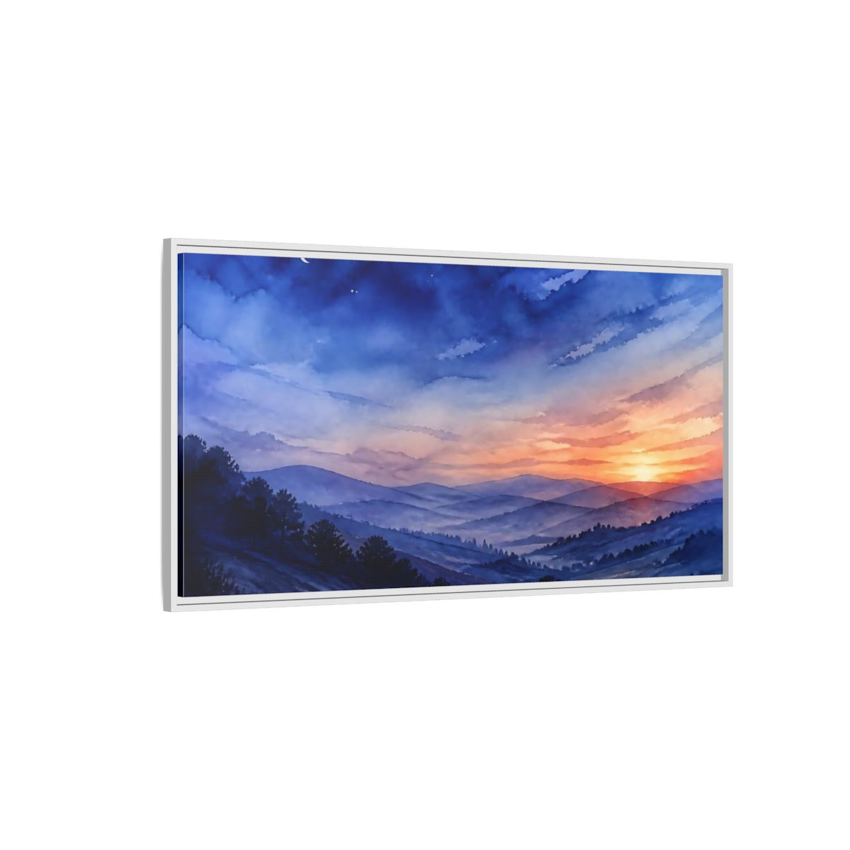 Side Mockup 3. Twilight Over Rolling Hills shown as framed canvas print