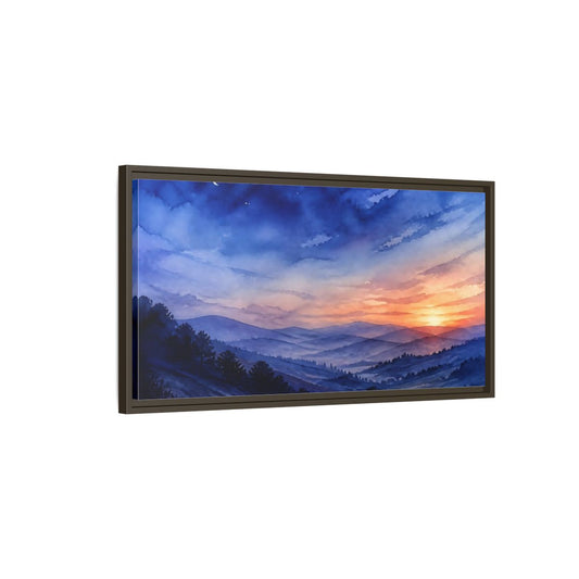 Main Mockup. Twilight Over Rolling Hills shown as framed canvas print