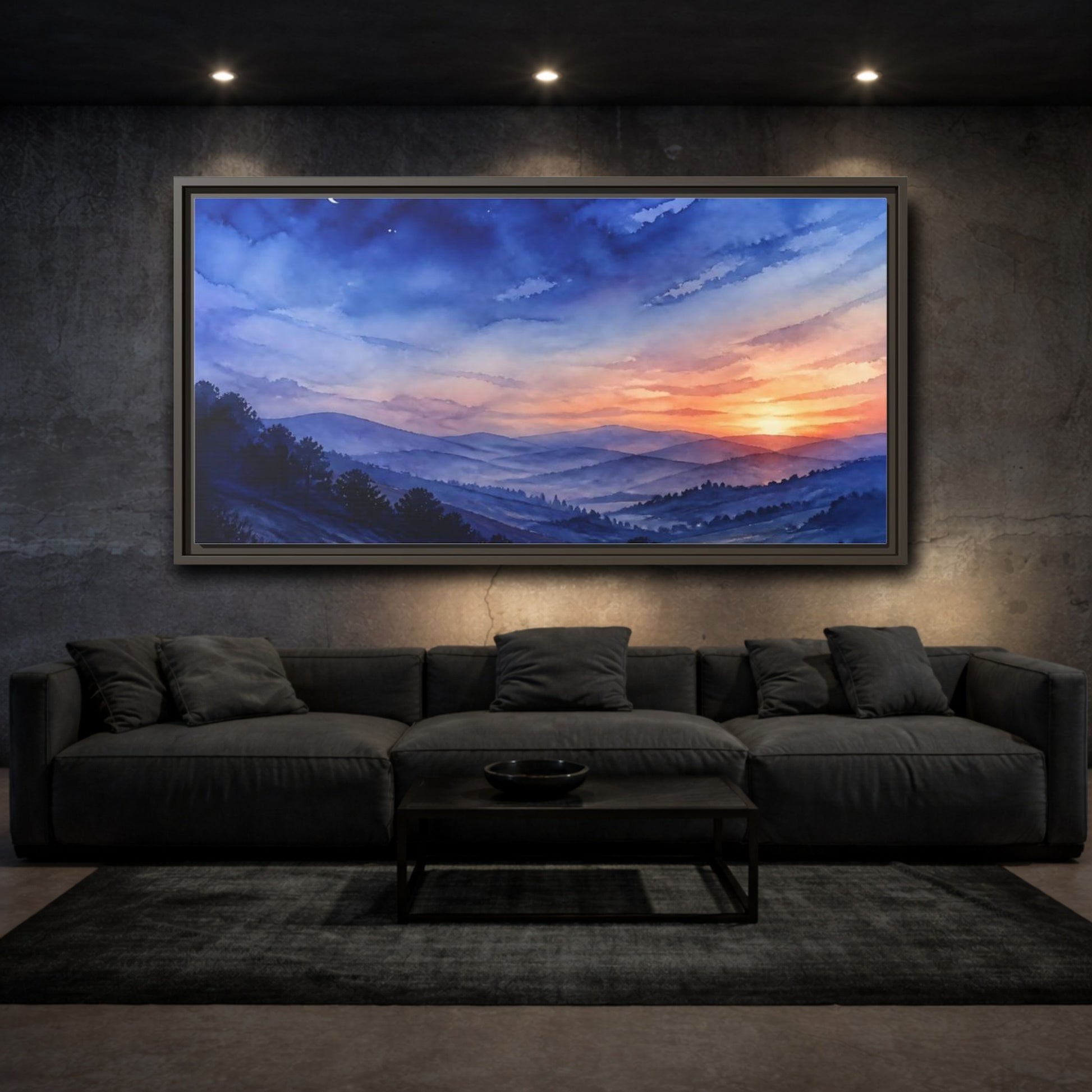 Mockup 3. Twilight Over Rolling Hills shown as framed canvas print