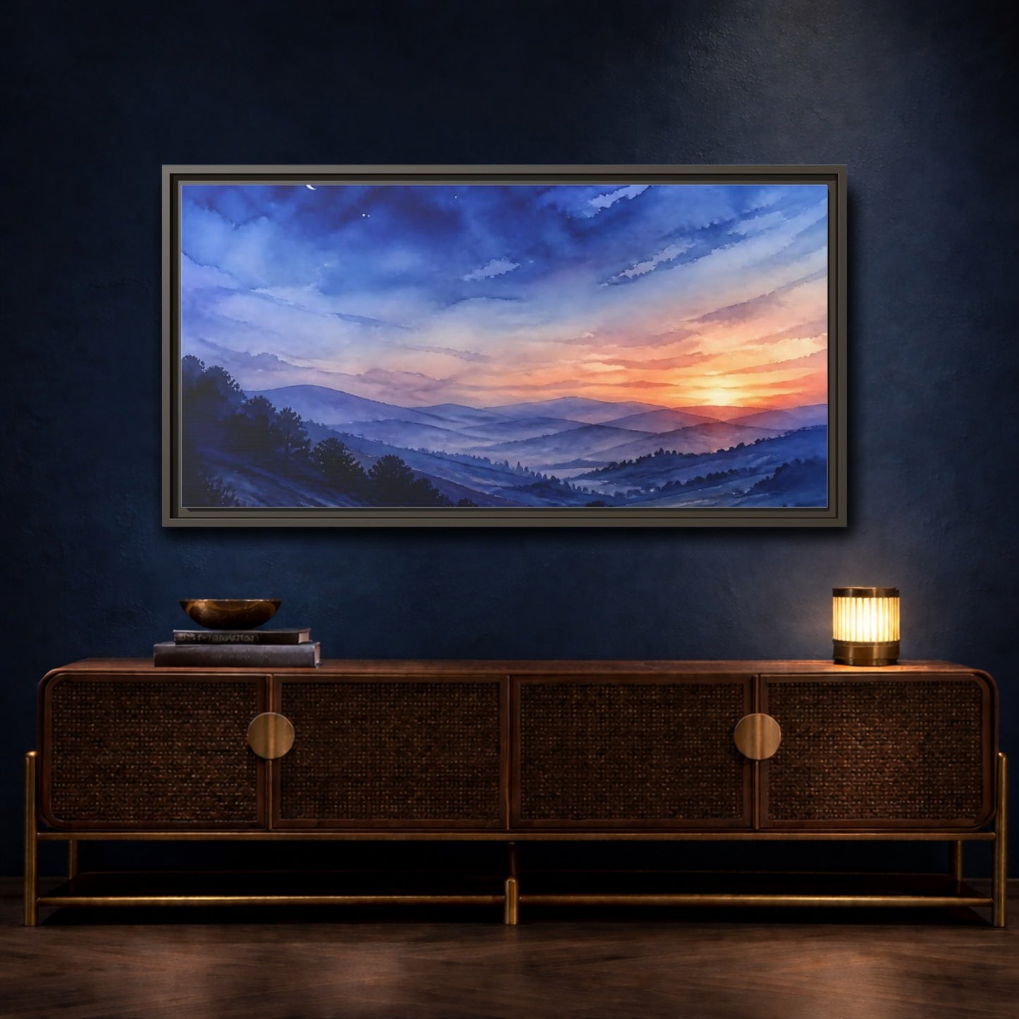 Mockup 4. Twilight Over Rolling Hills shown as framed canvas print