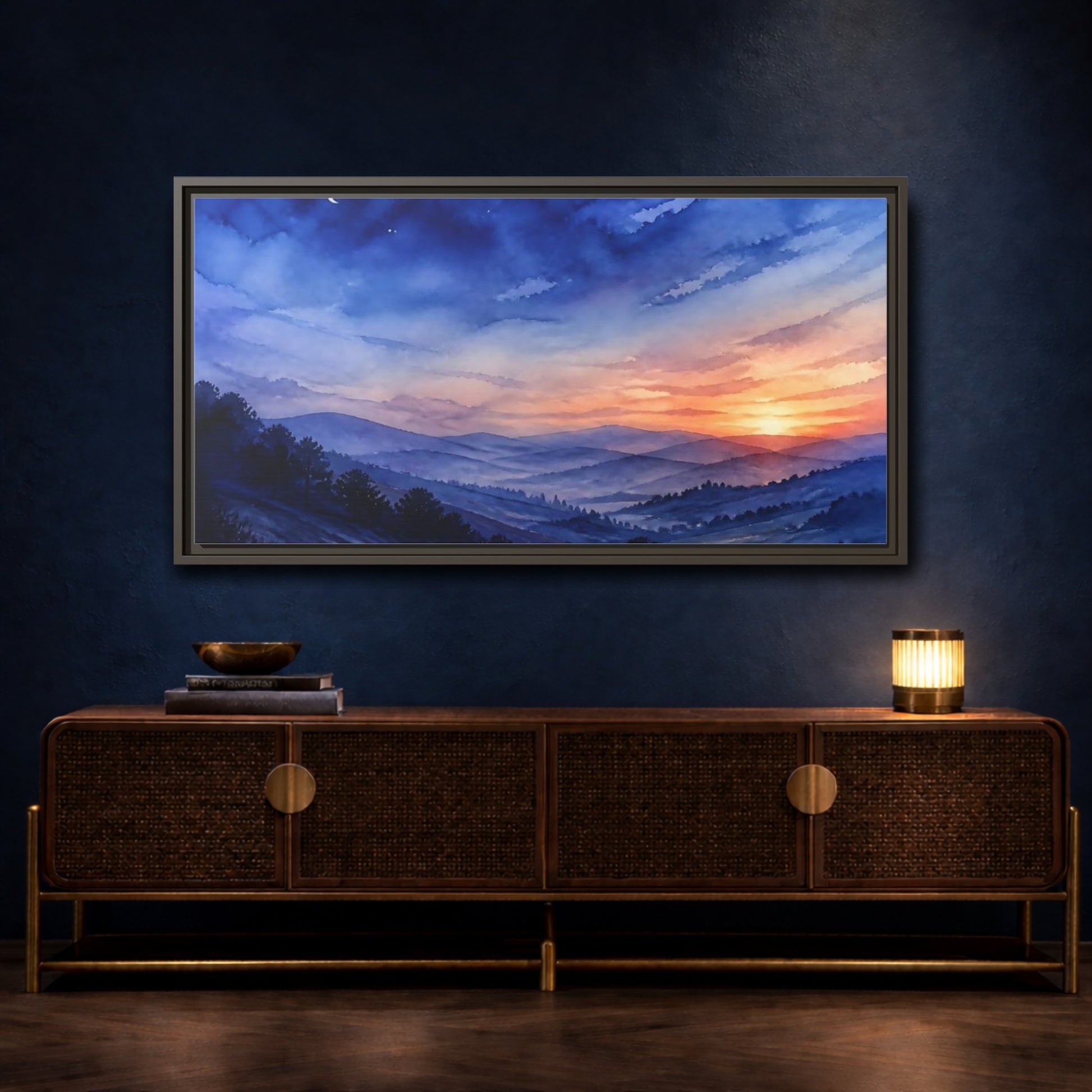 Mockup 4. Twilight Over Rolling Hills shown as framed canvas print