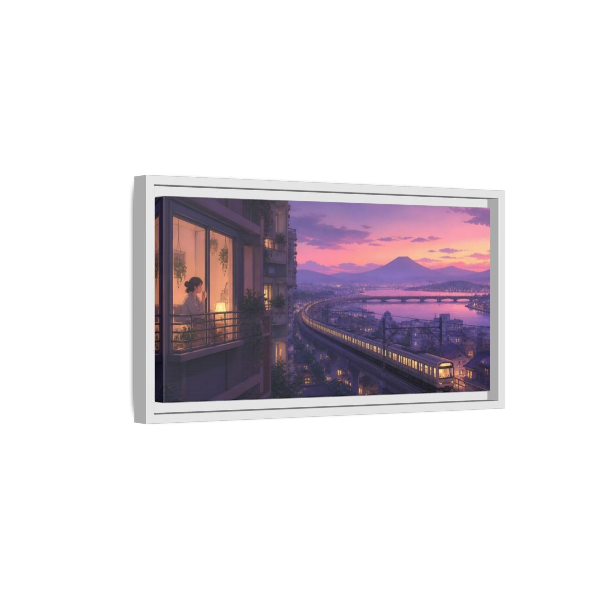 Side Mockup 6. Twilight Train By Balcony shown as framed canvas print