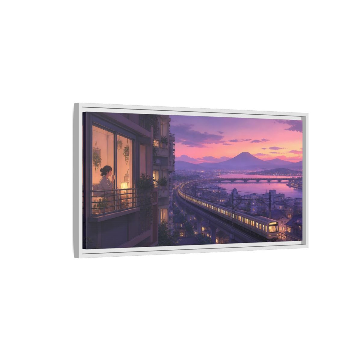 Side Mockup 1. Twilight Train By Balcony shown as framed canvas print