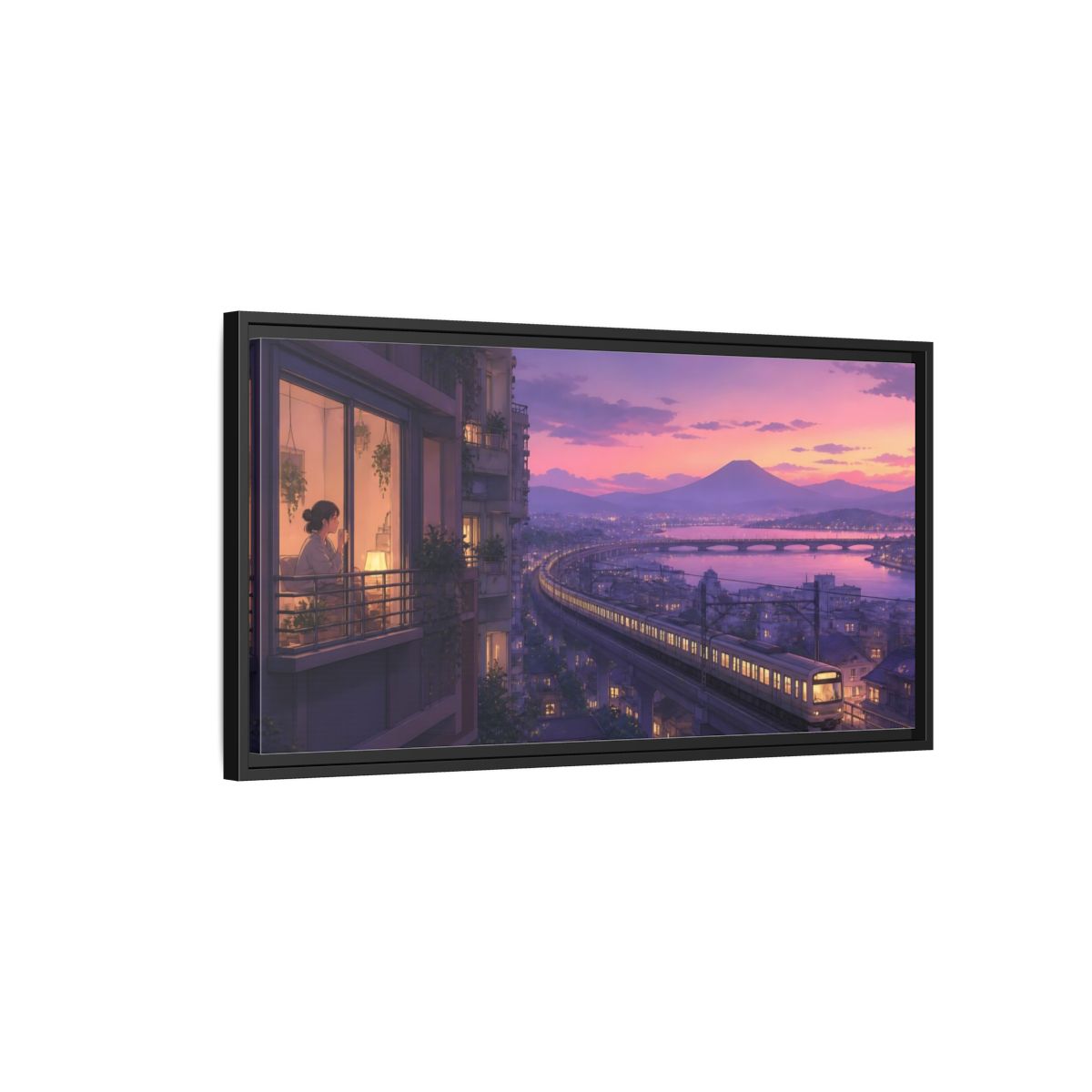 Side Mockup 2. Twilight Train By Balcony shown as framed canvas print