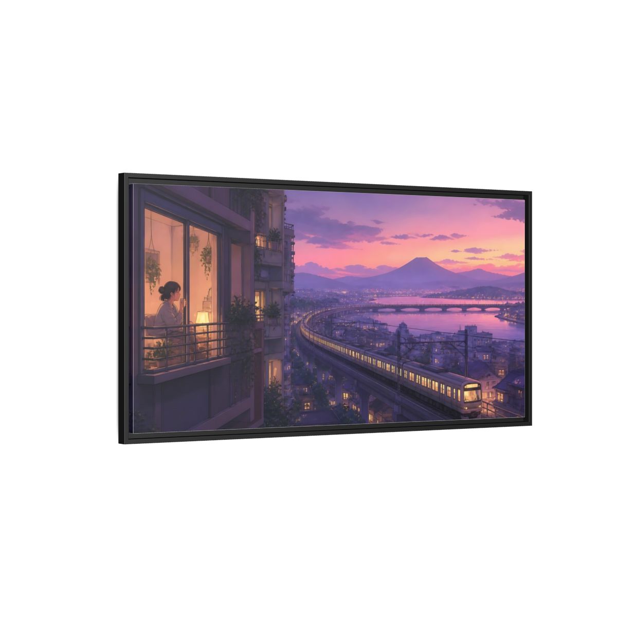 Side Mockup 5. Twilight Train By Balcony shown as framed canvas print