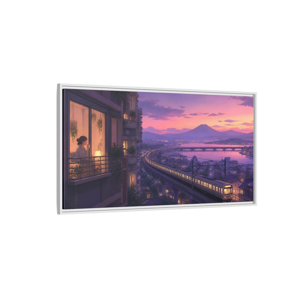 Side Mockup 3. Twilight Train By Balcony shown as framed canvas print