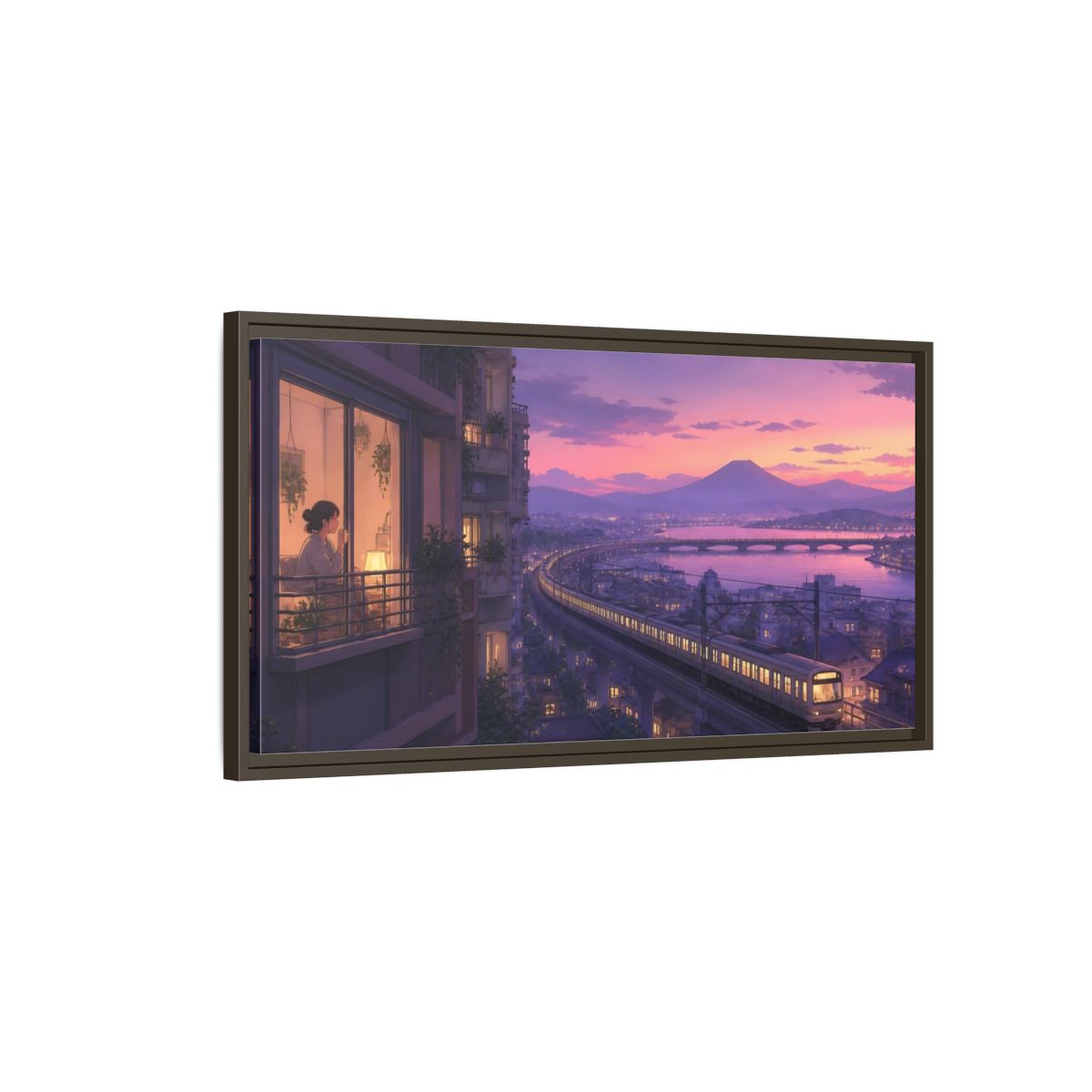 Main Mockup. Twilight Train By Balcony shown as framed canvas print