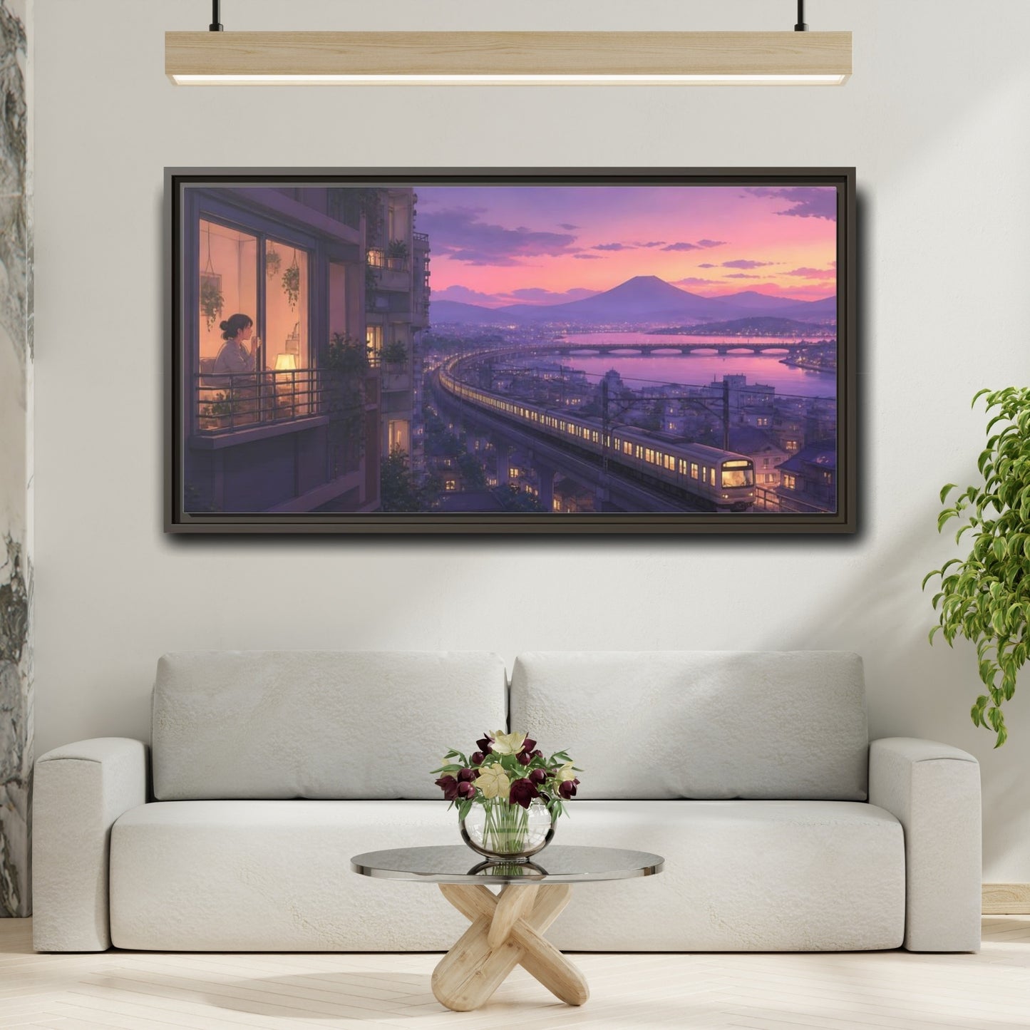 Mockup 2. Twilight Train By Balcony shown as framed canvas print