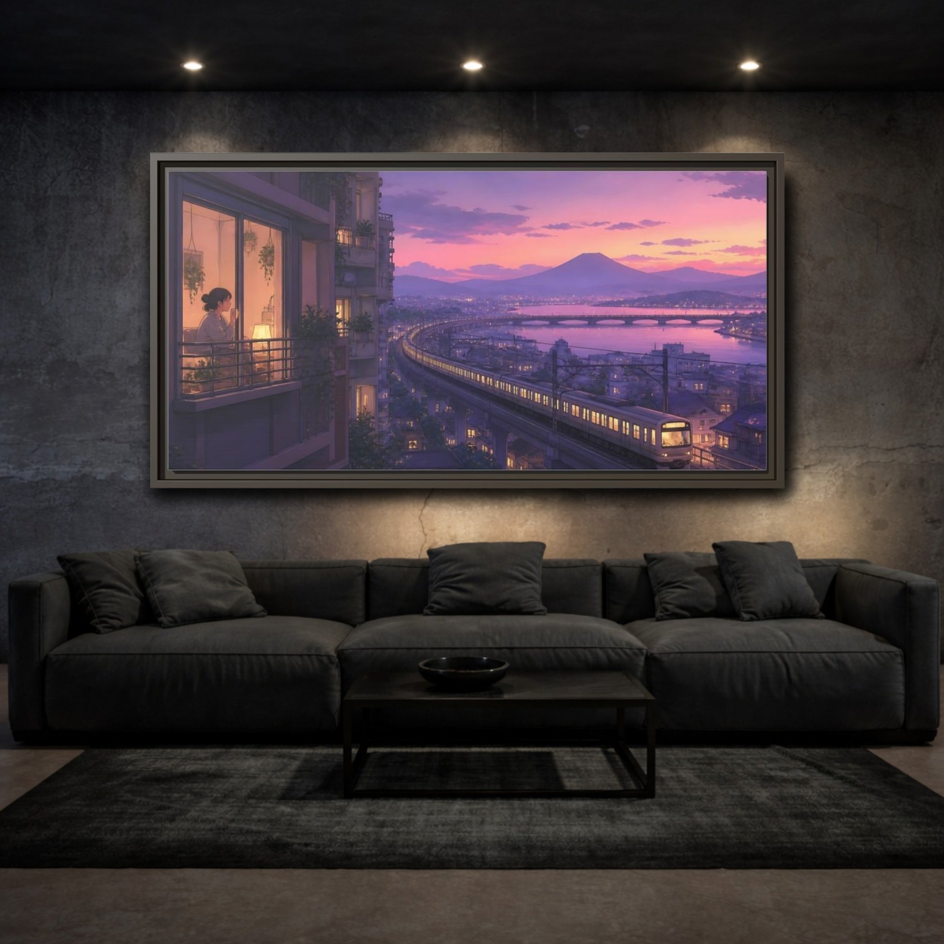 Mockup 3. Twilight Train By Balcony shown as framed canvas print