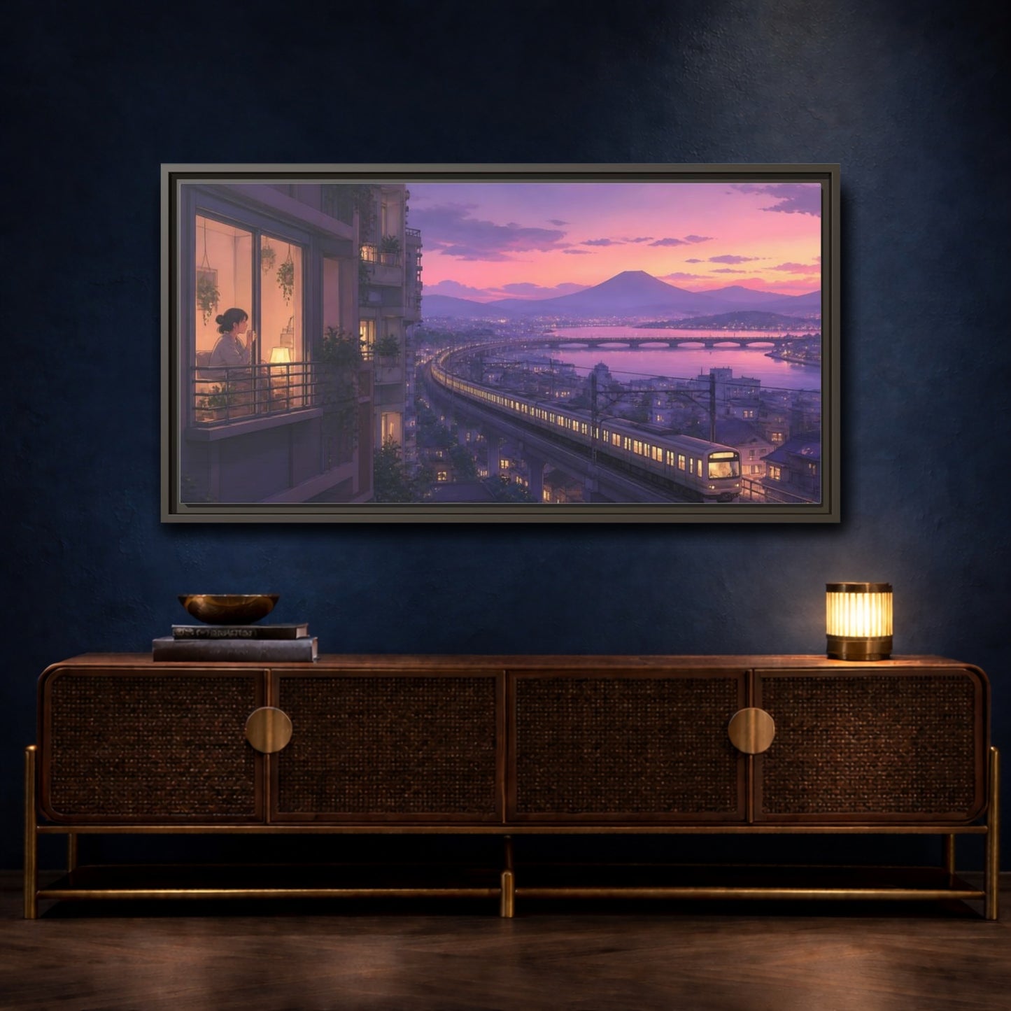 Mockup 4. Twilight Train By Balcony shown as framed canvas print