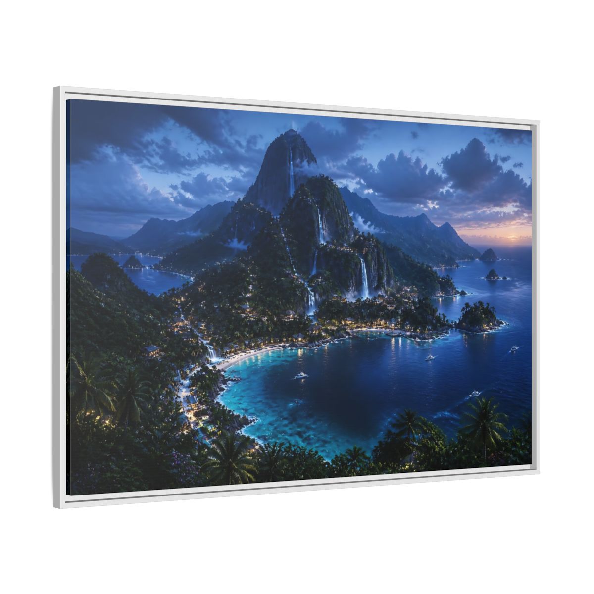 Side Mockup 7. Twilight Waterfall Island shown as framed canvas print