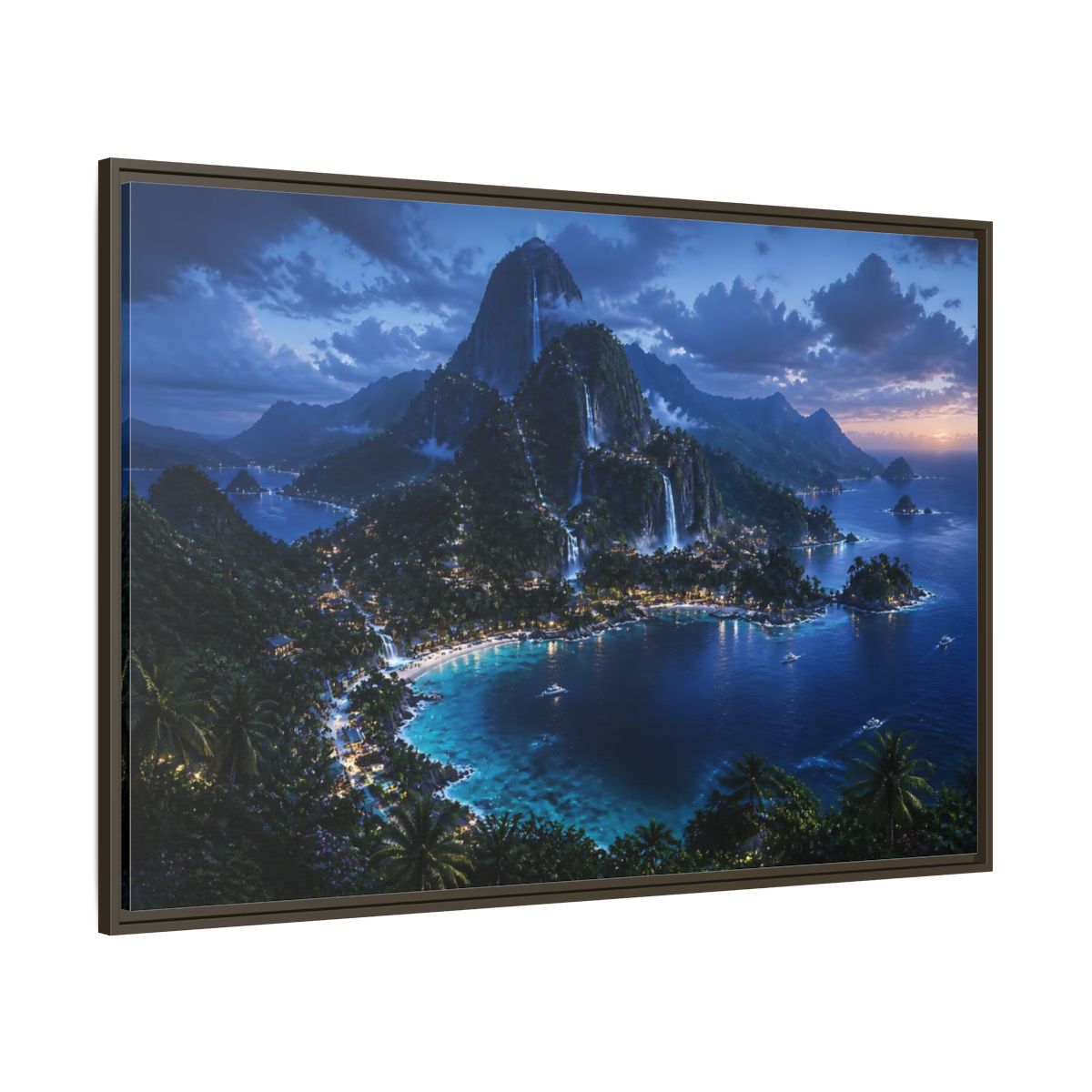 Side Mockup 8. Twilight Waterfall Island shown as framed canvas print
