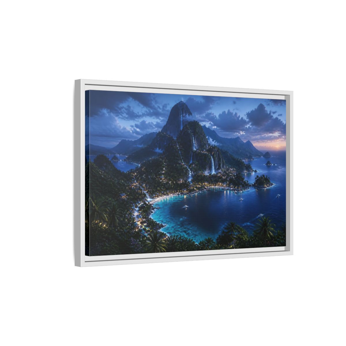 Side Mockup 1. Twilight Waterfall Island shown as framed canvas print