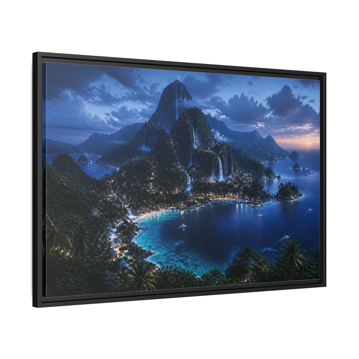 Side Mockup 13. Twilight Waterfall Island shown as framed canvas print