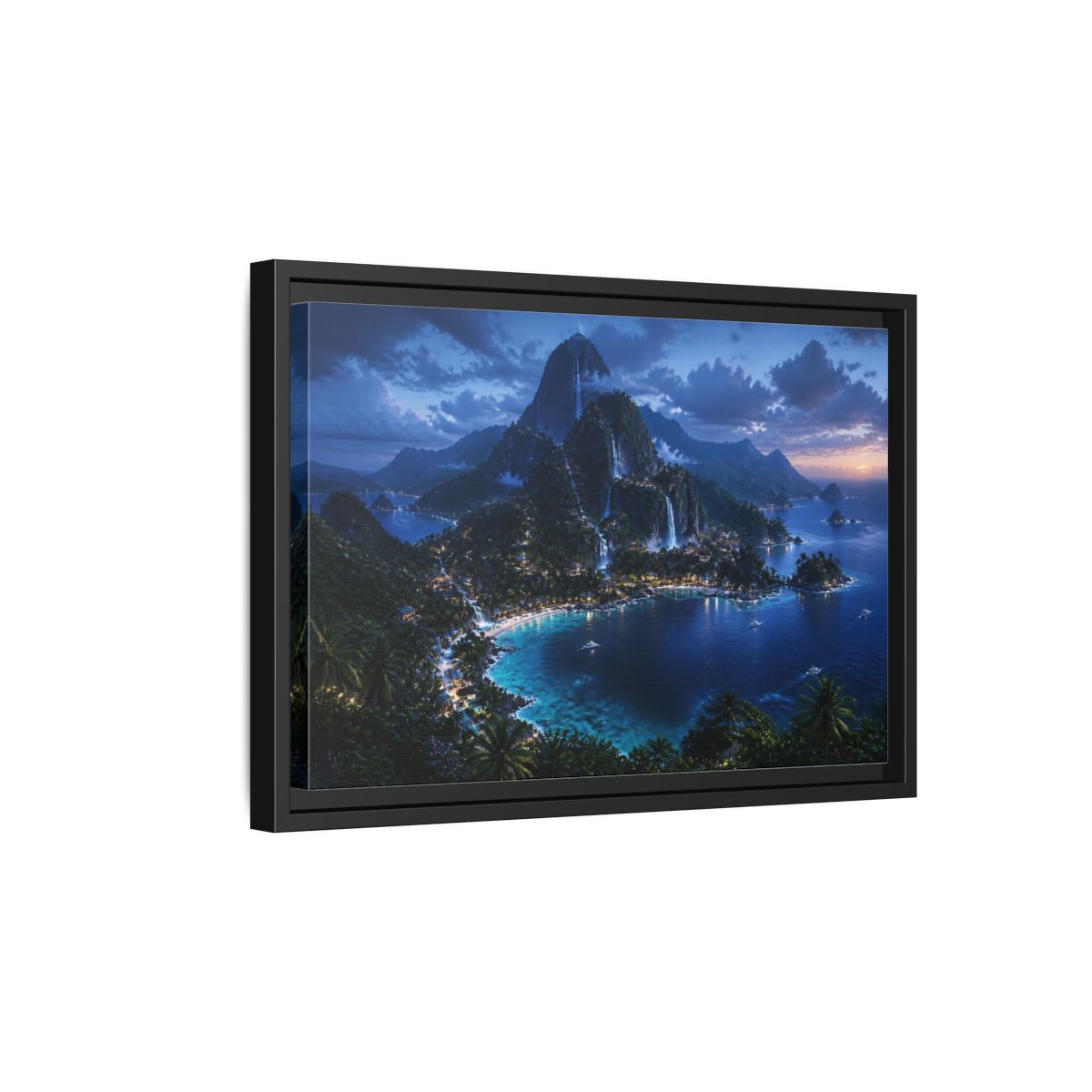Side Mockup 6. Twilight Waterfall Island shown as framed canvas print