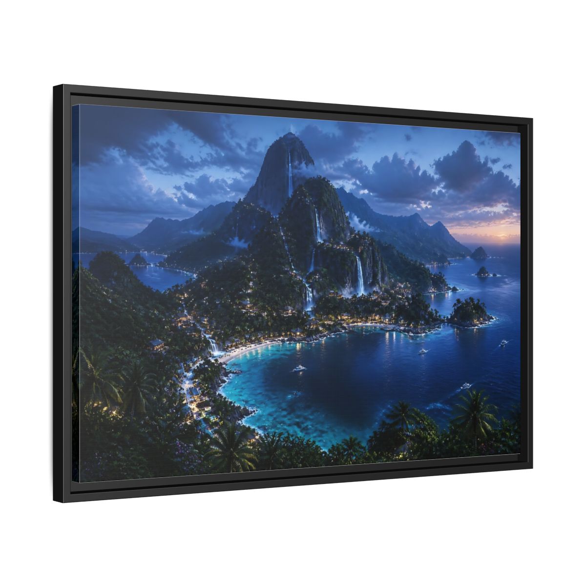 Side Mockup 14. Twilight Waterfall Island shown as framed canvas print