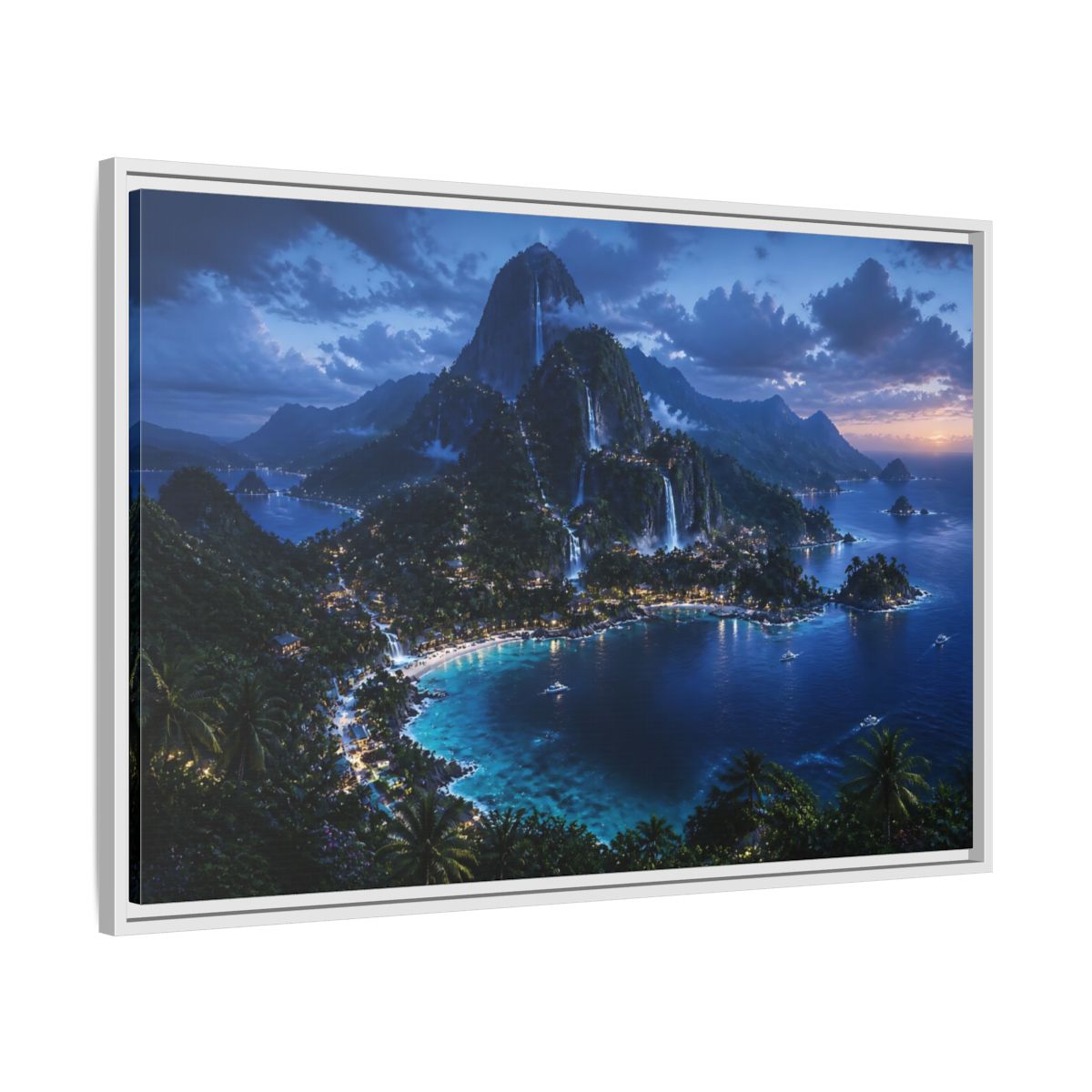 Side Mockup 9. Twilight Waterfall Island shown as framed canvas print