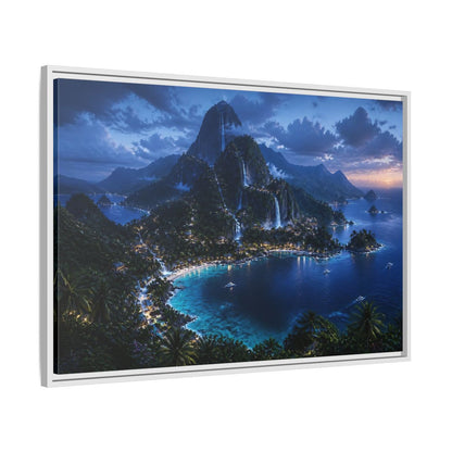 Side Mockup 9. Twilight Waterfall Island shown as framed canvas print
