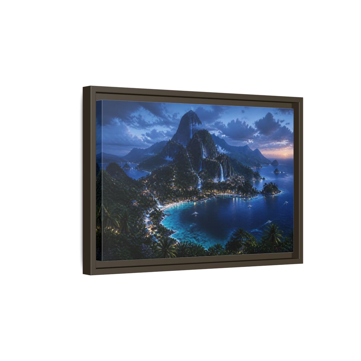 Side Mockup 5. Twilight Waterfall Island shown as framed canvas print
