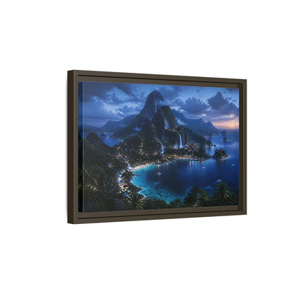 Side Mockup 5. Twilight Waterfall Island shown as framed canvas print