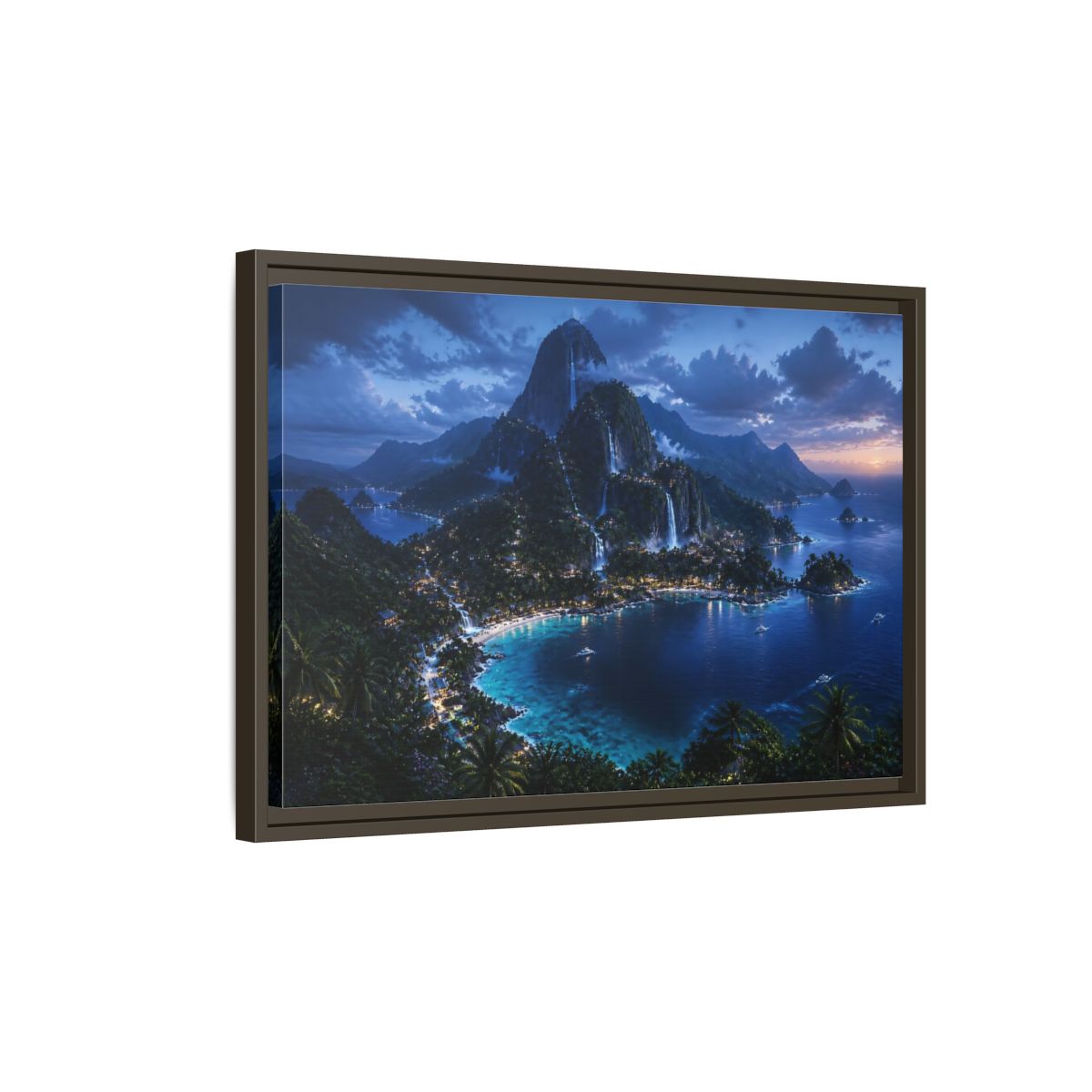 Side Mockup 2. Twilight Waterfall Island shown as framed canvas print