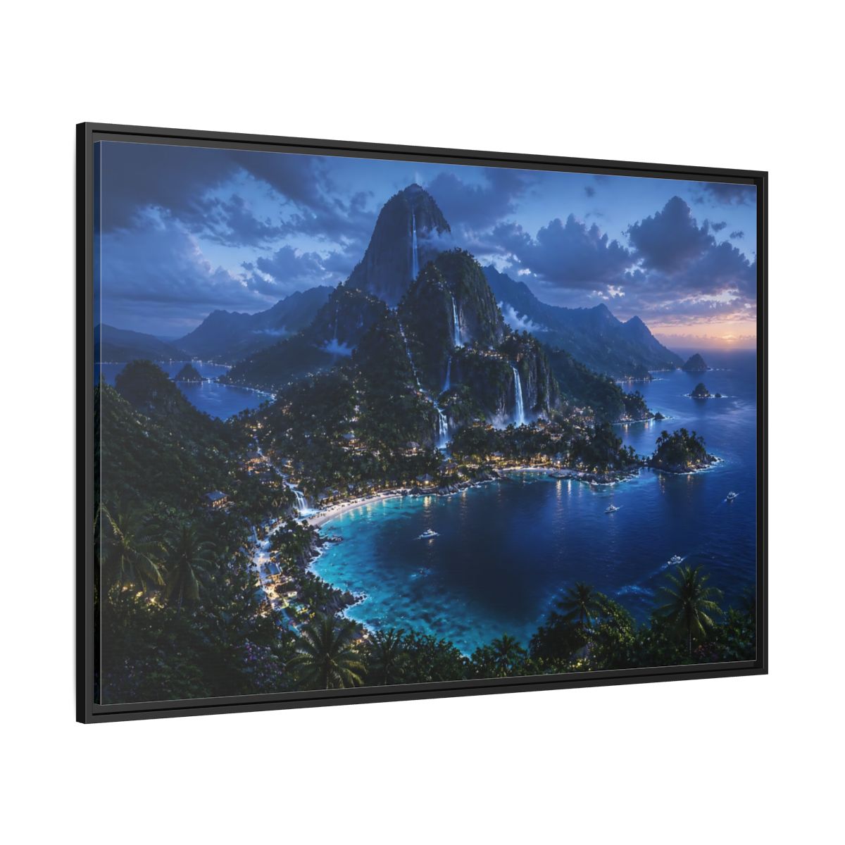 Side Mockup 12. Twilight Waterfall Island shown as framed canvas print