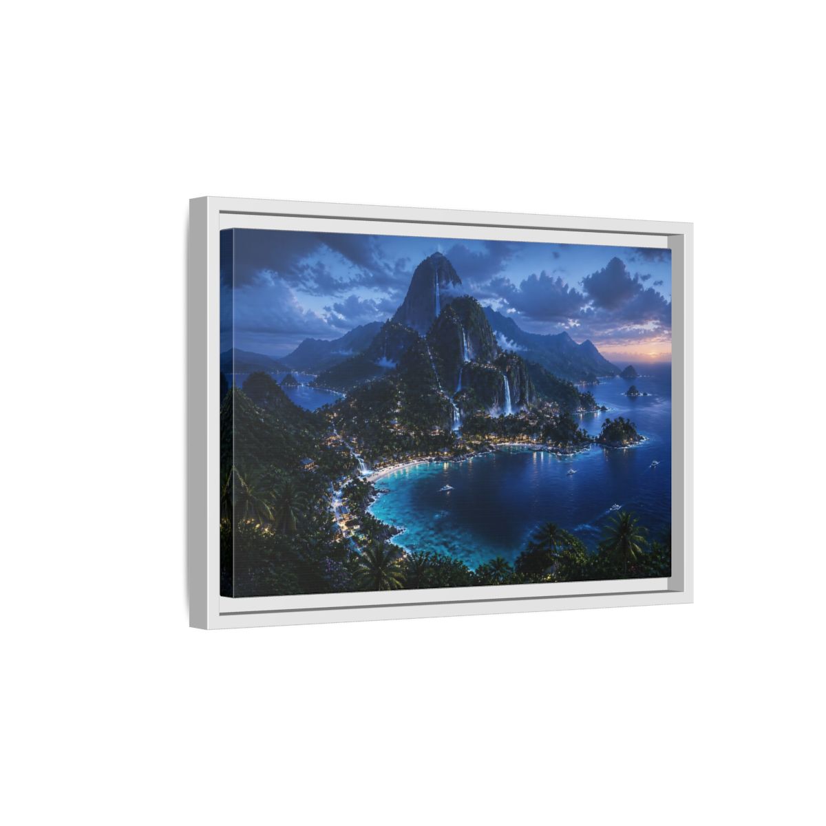 Side Mockup 4. Twilight Waterfall Island shown as framed canvas print