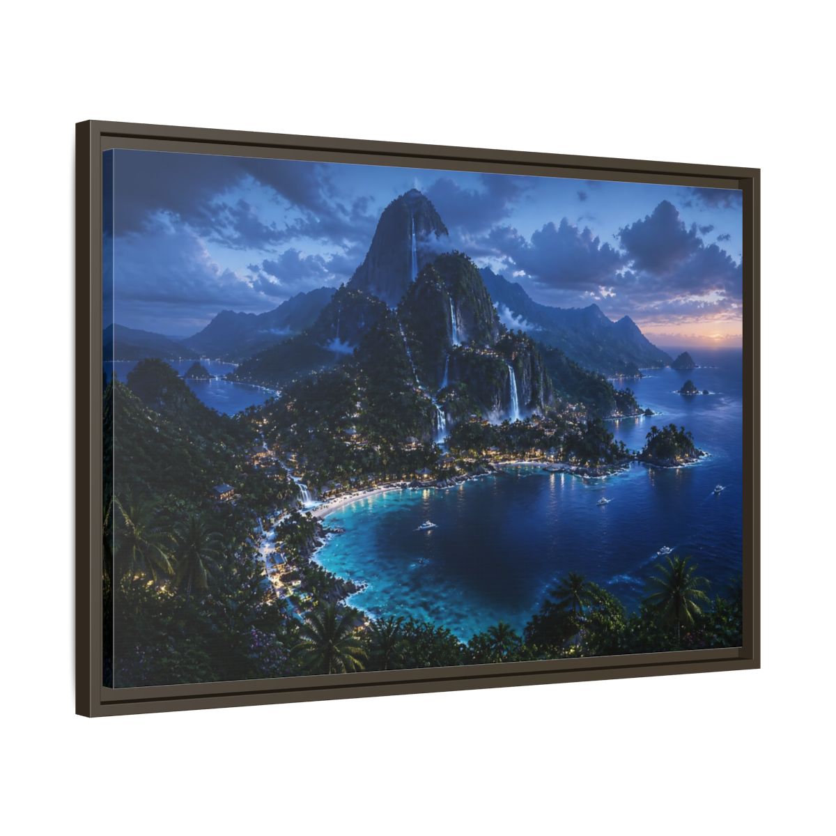 Side Mockup 11. Twilight Waterfall Island shown as framed canvas print