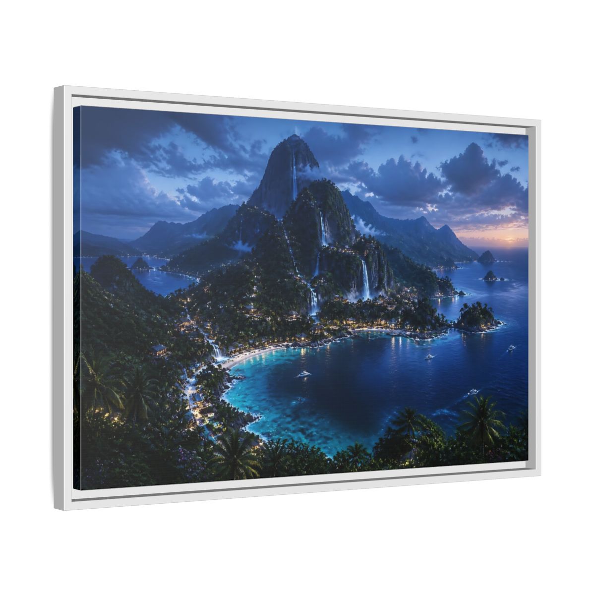 Side Mockup 10. Twilight Waterfall Island shown as framed canvas print
