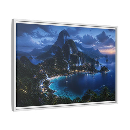 Side Mockup 10. Twilight Waterfall Island shown as framed canvas print