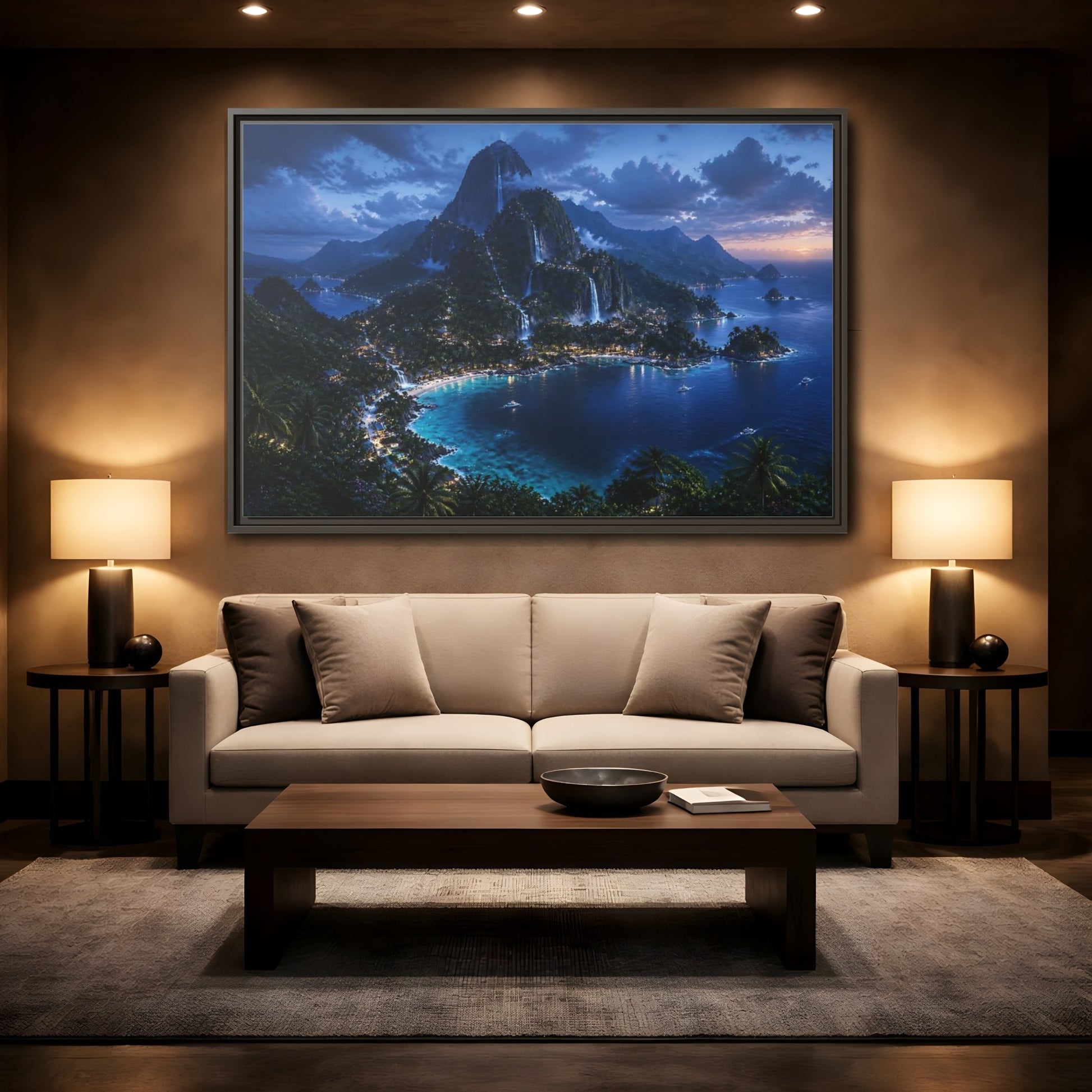 Mockup 2. Twilight Waterfall Island shown as framed canvas print