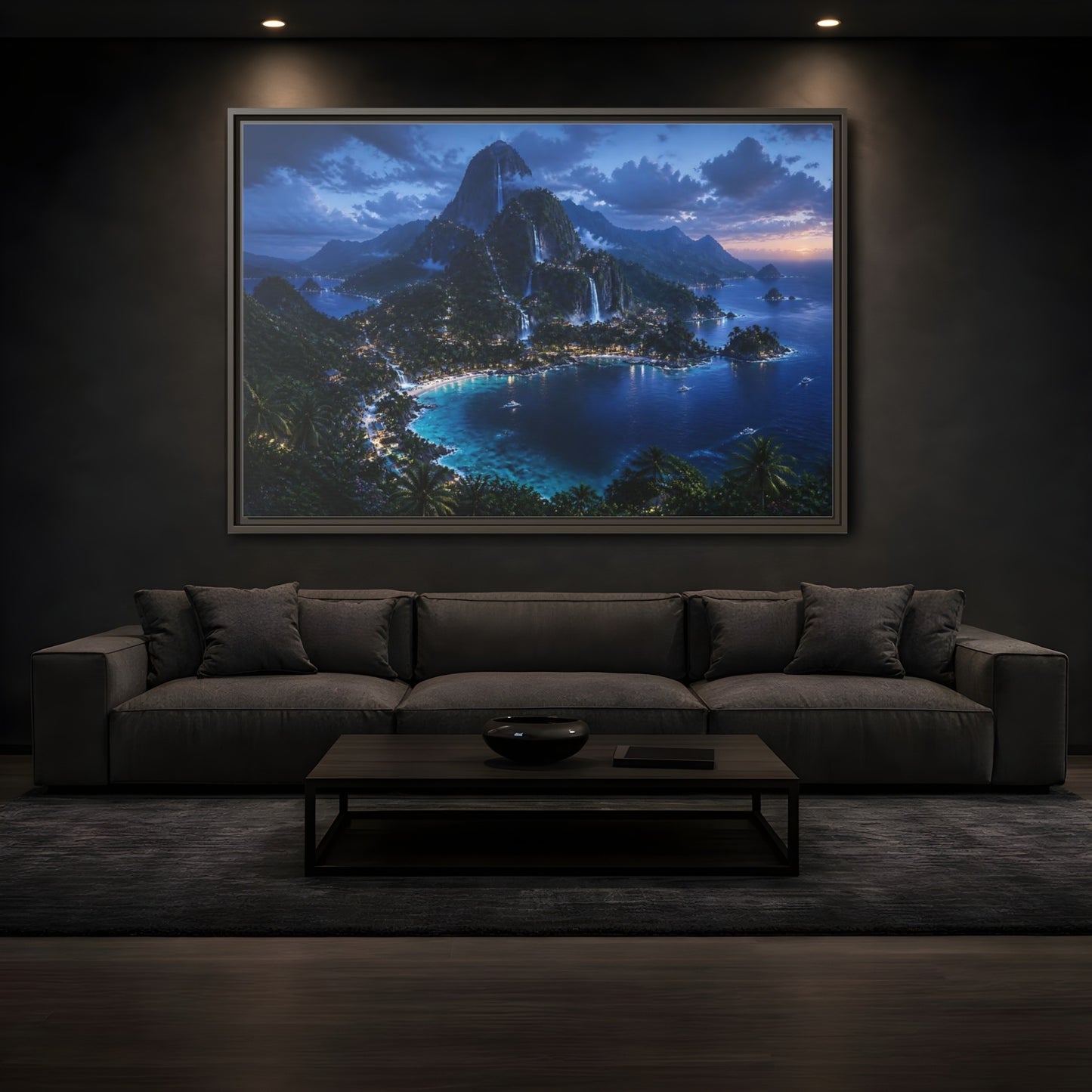 Mockup 3. Twilight Waterfall Island shown as framed canvas print