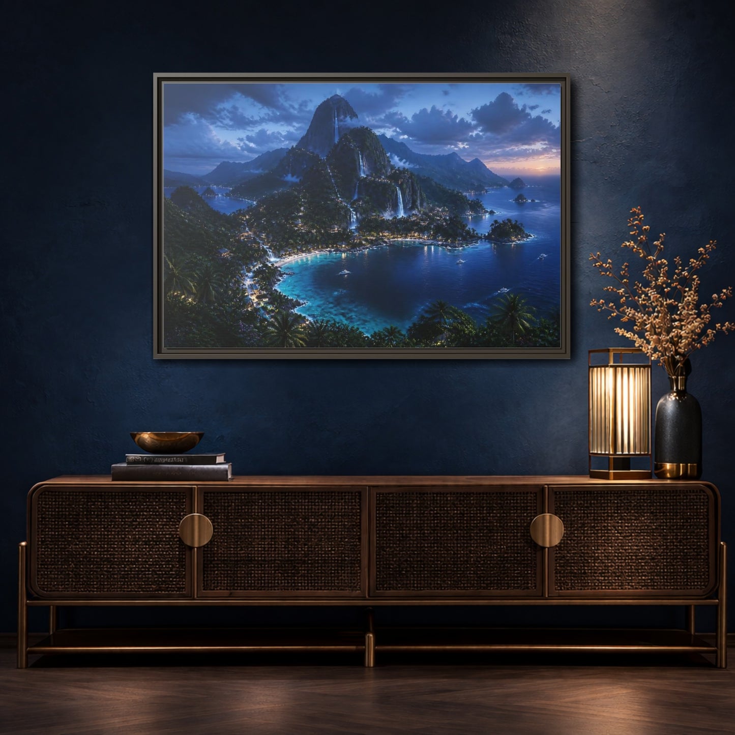 Mockup 4. Twilight Waterfall Island shown as framed canvas print